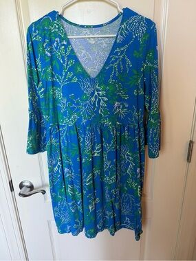Lilly Pulitzer Blue & Green V-Neck Floral Long Sleeve Midi Dress